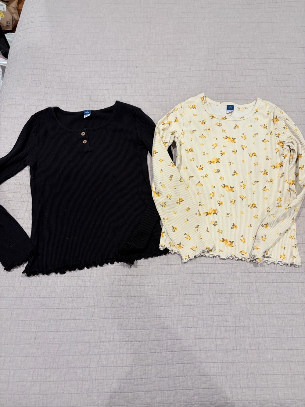 Old Navy Kids' Long-Sleeve Ribbed Tops - Black & Cream Floral Bundle